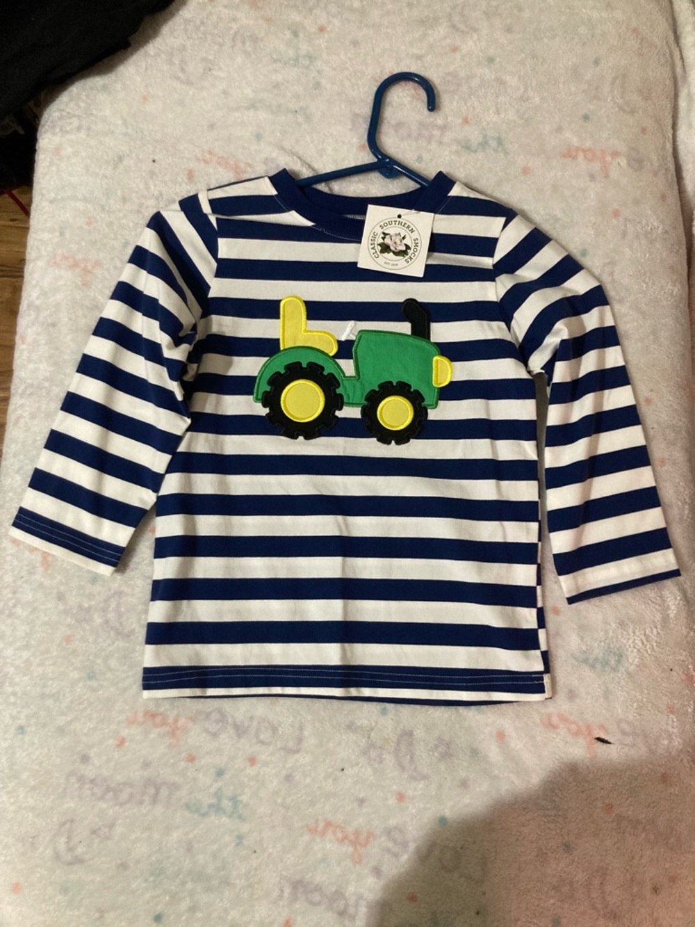 Striped Long Sleeve Tee with Green Tractor Applique - Kids
